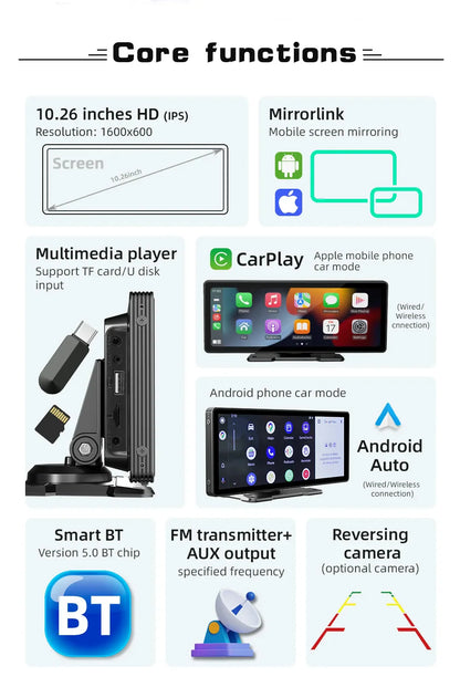 BQCC 10.26-Inch Portable Wireless CarPlay Screen – HD Rearview Camera, Car Radio DVR, MP5 Multimedia Player, Android Auto