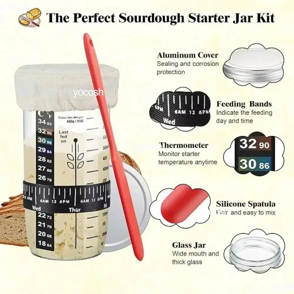 Professional Baking Kit – 24oz Sourdough Starter Jar, Pastry Mat, Scraper, Bread Knife & Gloves for Home DIY Baking