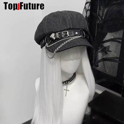 Custom Harajuku Gothic Lolita Beret Hat – Y2K Punk Lace Bow Cap for Women, Handmade Decorative Sun Hat