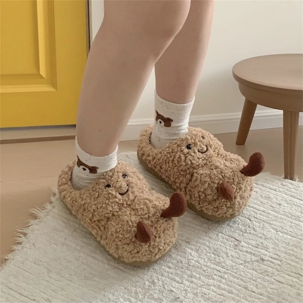 Women’s Indoor Fluffy Slippers – Cute Cartoon Faux Fur House Shoes, Warm Anti-Slip Cotton Slides for Girls