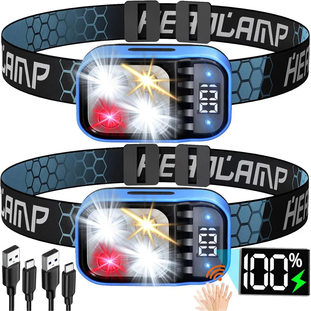 Rechargeable LED Headlamp Flashlight - Waterproof Motion Sensor for Camping, Fishing & Emergency