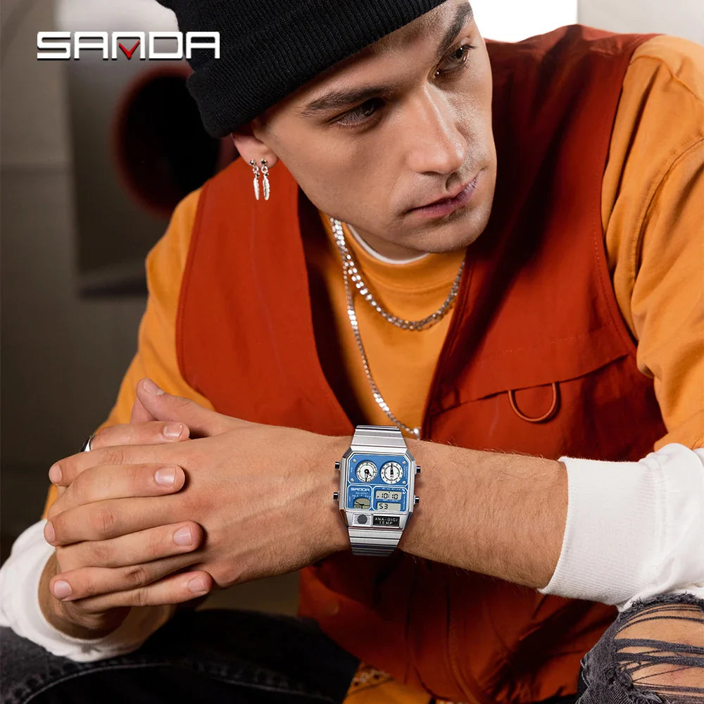 SANDA 3192 Men’s LED Square Watch — Youth Casual Multi-Function Stopwatch Thermometer Chronograph