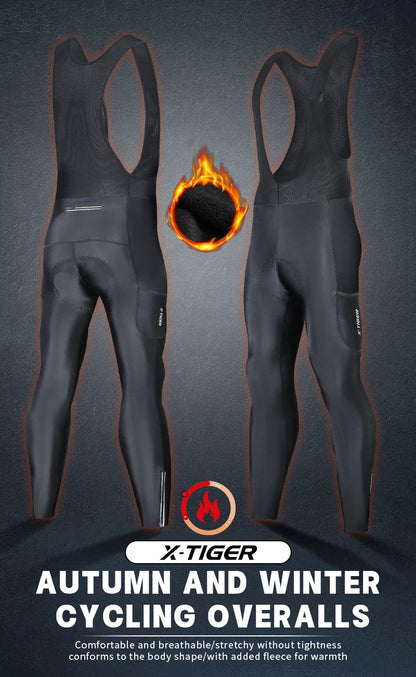 X-TIGER Thermal Winter Cycling Bib Pants for Men with 5D Gel Padding & Back Pocket – Fleece Sports MTB & Road Bike Warm Bibs