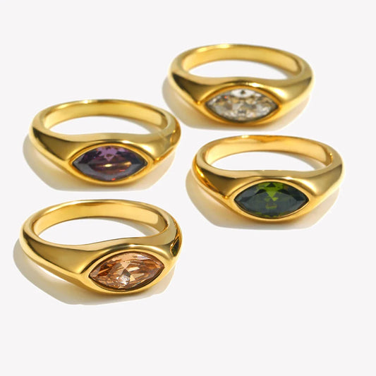 E.B.belle Horse Eye Zircon Ring – 316L Stainless Steel 18K Gold Plated Hypoallergenic Colorful Jewelry