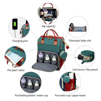 3-in-1 Diaper Bag Backpack – Waterproof Travel Bag with Foldable Baby Bed & USB Charging