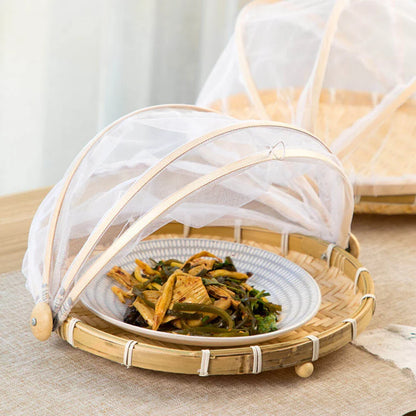 Bamboo Woven Basket with Anti-Mosquito Net – Portable Outdoor Fruit & Vegetable Tray with Mesh Cover