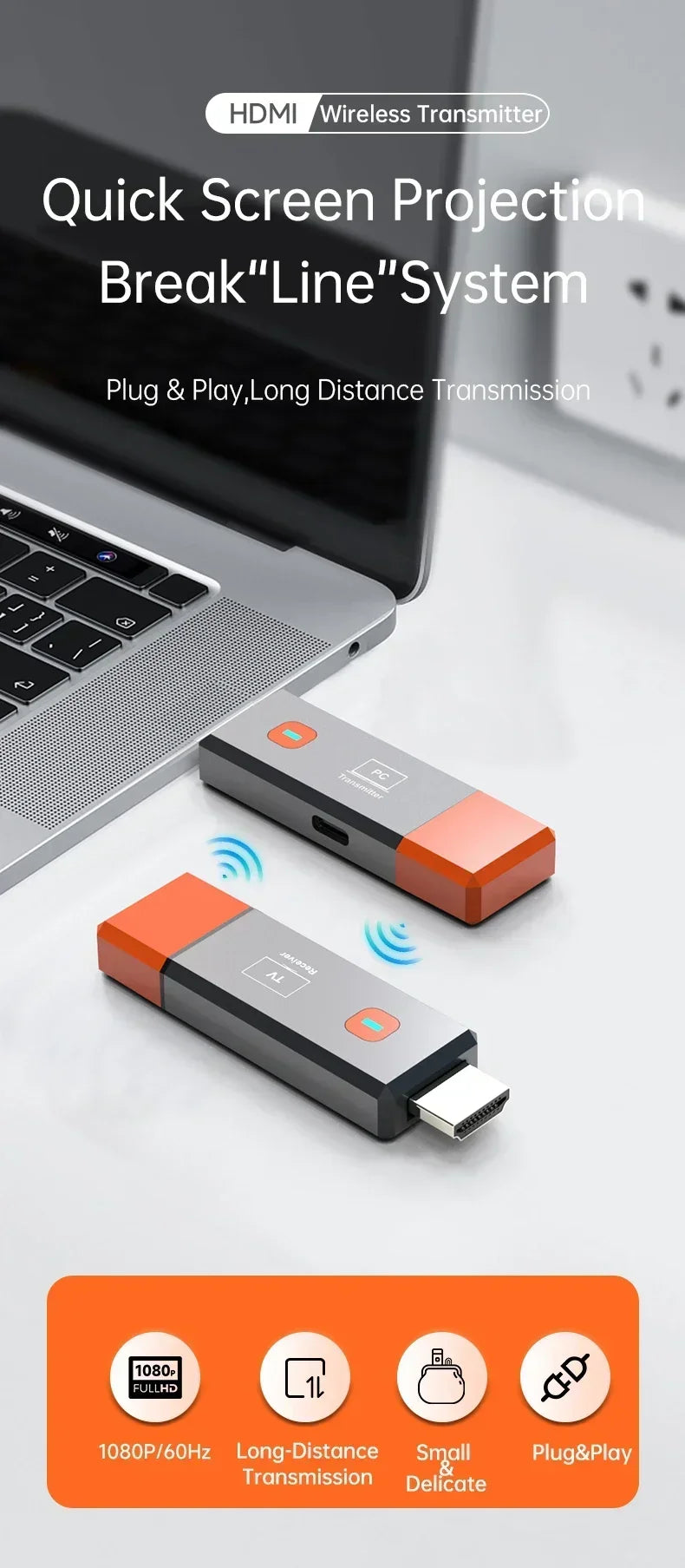 Wireless HDMI Video Transmitter & Receiver Kit – TV Stick Dongle Adapter for PC, Camera, Laptop to Projector, Monitor, TV