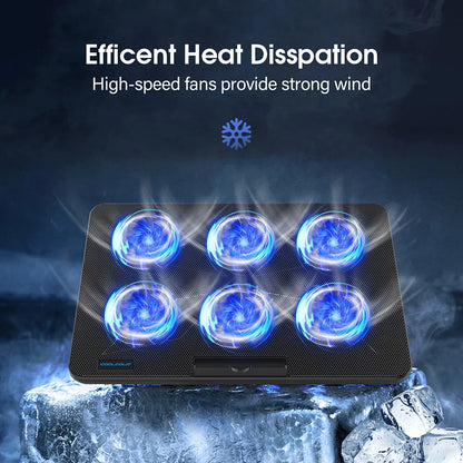 Coolcold Laptop Cooling Pad 15.6-17.3" — 6 Quiet Fans, 7 Adjustable Heights, Wind Speed Control with Mobile Phone Holder