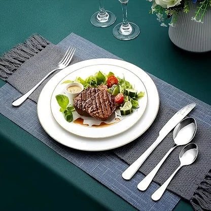 24-Piece Stainless Steel Black Flatware Set — Elegant Knife, Fork & Spoon Cutlery with Mirror Polish, Gold Accents, Dishwasher Safe
