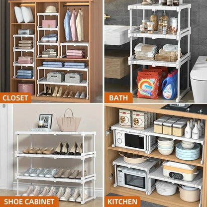 Closet Shelf Wardrobe Organizer – Stackable Telescopic Adjustable Divider, Punch-Free Clothes Storage Rack