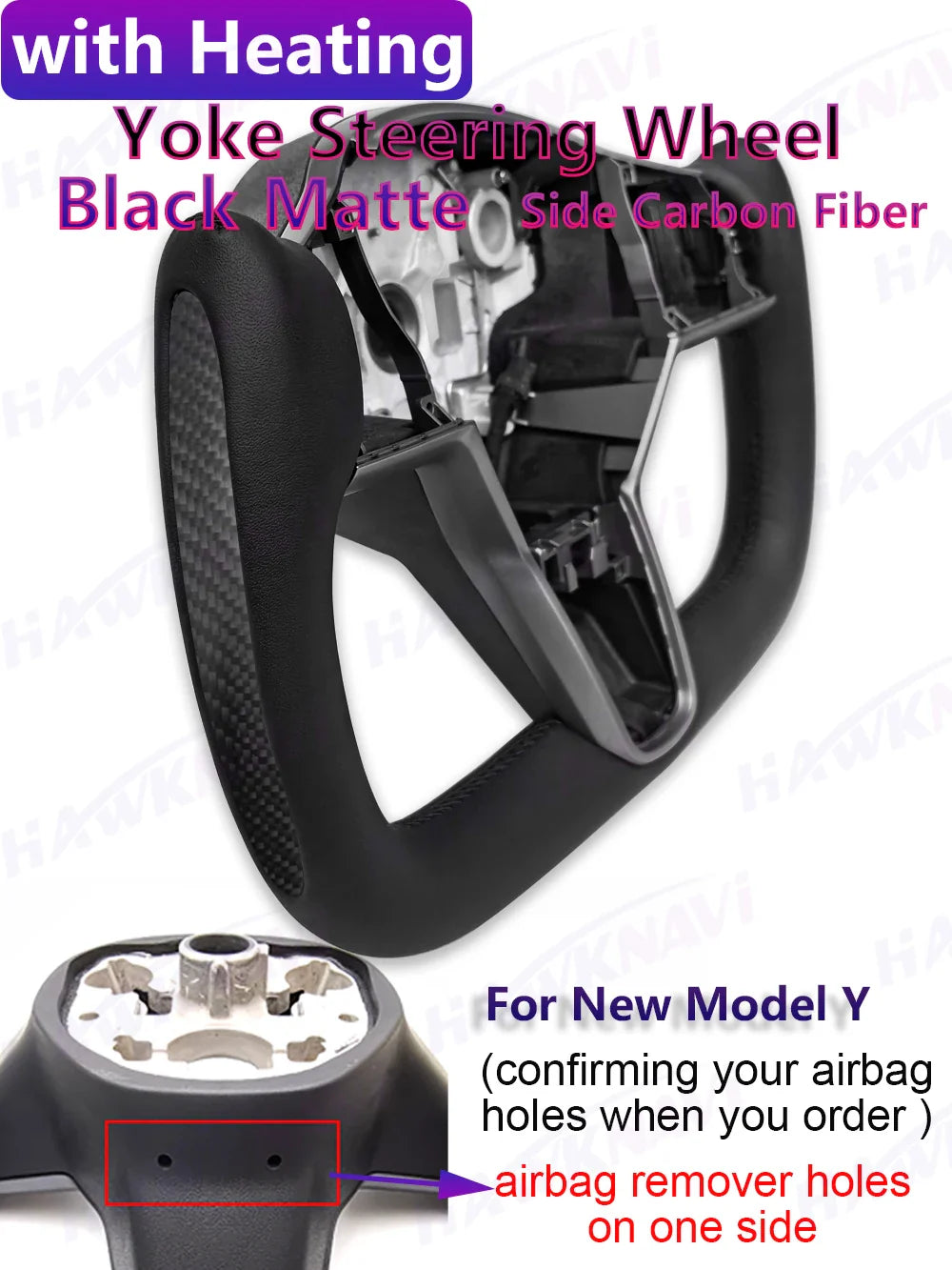 Hawknavi 350mm Yoke Steering Wheel – Leather Racing Style for Tesla Model 3 & Model Y, Heated Optional, White & Black
