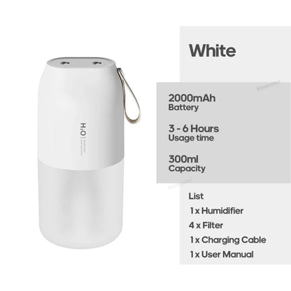 KINSCOTER Portable Double Mist Air Humidifier – 300ml Cold Mist Diffuser, 2000mAh Car Air Purifier & USB Mini Air Freshener