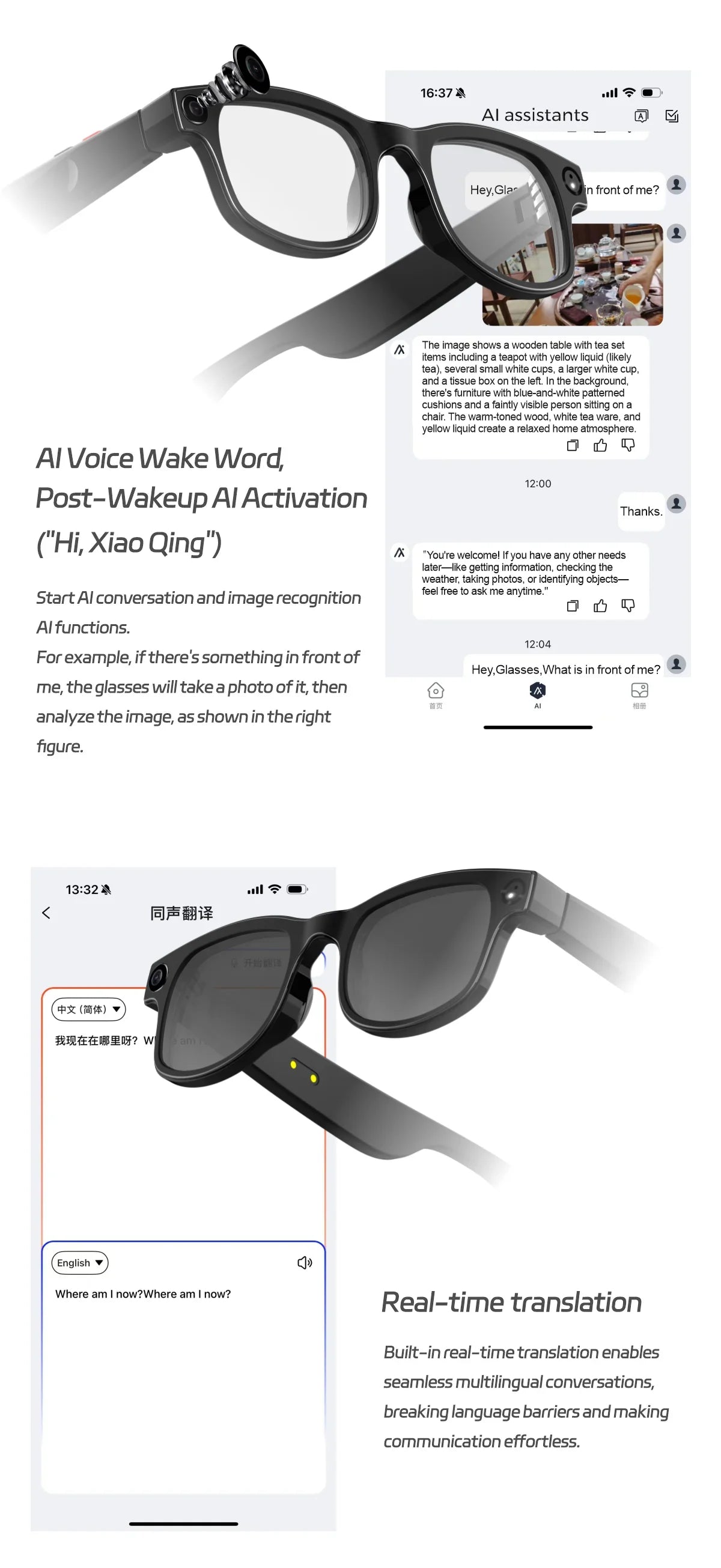 500W AI Smart Camera Sunglasses 3-in-1 Lens HD1080P ChatGPT Voice Control WiFi Bluetooth Intelligent Glasses