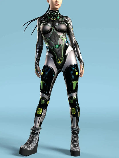 Women's Cyberpunk Mechanical Catsuit - 3D Zipper Cosplay Zentai Bodysuit for Halloween & Costume Parties