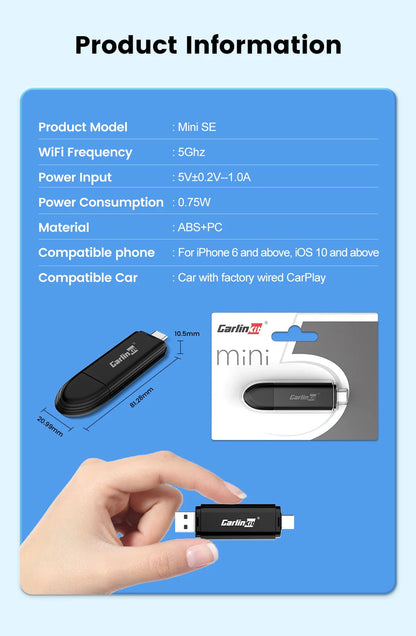CarlinKit Mini 5 SE Wireless CarPlay Adapter – Fast 5.8GHz WiFi & Bluetooth for iPhone, Spotify, Waze, Split Screen