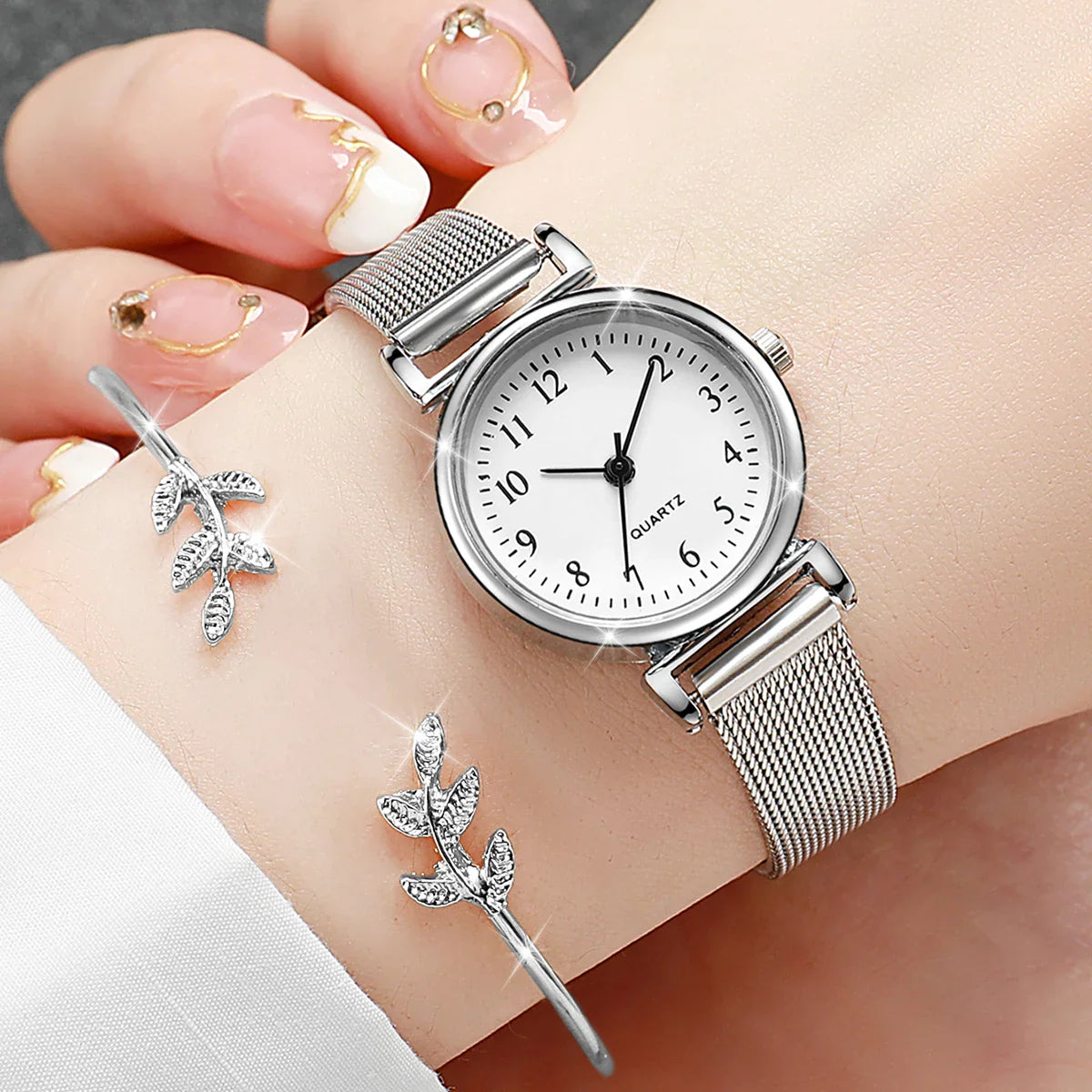 2PCS Fashion Arabic Dial Women's Quartz Watch – Steel Mesh Band & Opening Cuff Bracelet Bangle Set (No Box)