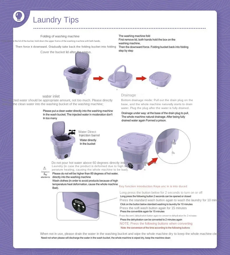 8L Portable Foldable Washing Machine – Mini Washer with Spin Dryer for Socks, Underwear & Panties