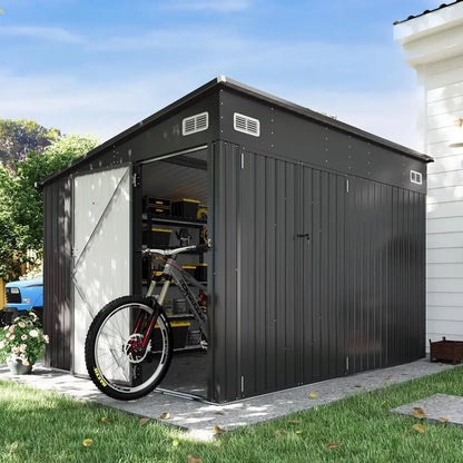 11.5'x7.5' Outdoor Metal Storage Shed – Triple Lockable Door with Sloping Roof for Tools & Bicycles