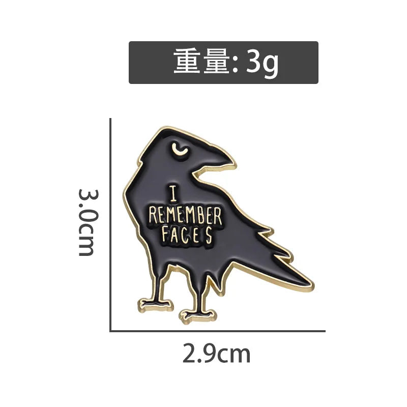 I Remember Faces Black Crow Enamel Pin – Animal Bird Metal Lapel Brooch for Backpacks & Jewelry Accessories