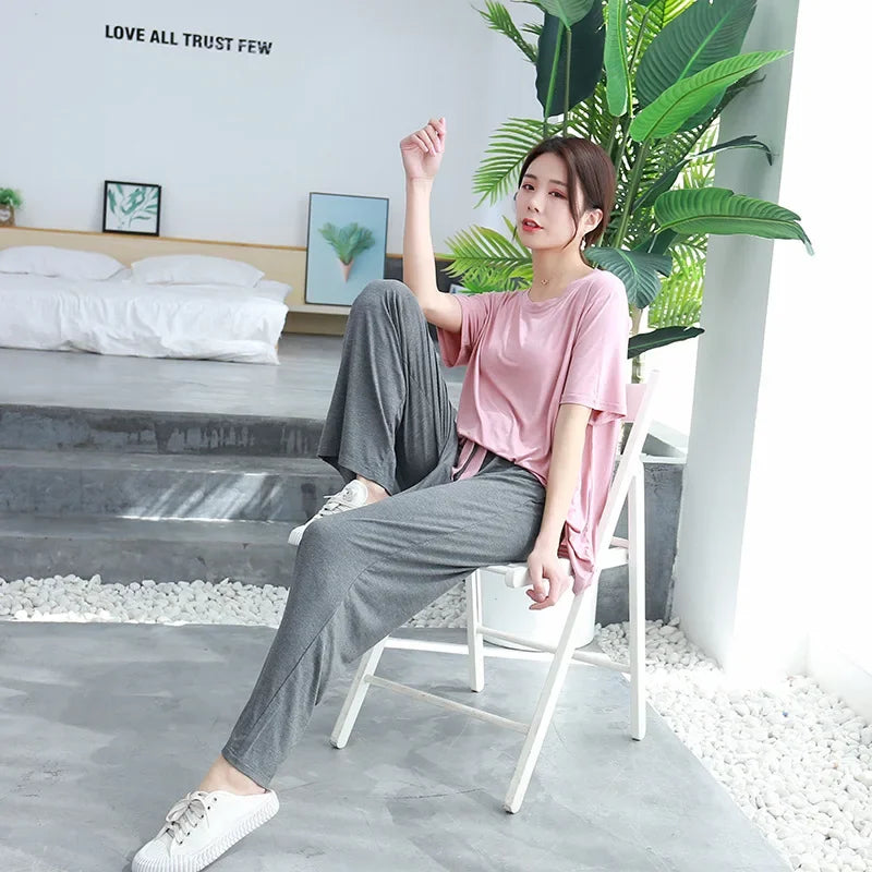 Women's Summer Modal Pajamas Set – Lightweight Short Sleeve Top and Loose Trousers Two-Piece Homewear