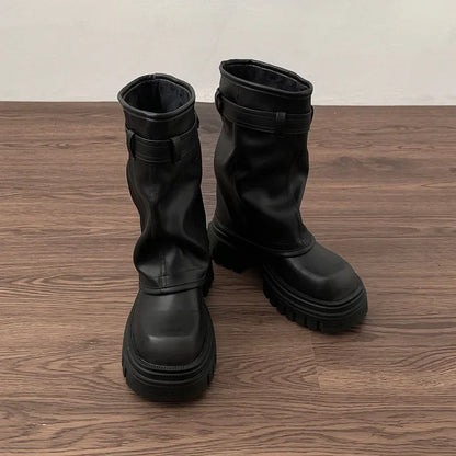 Women’s Winter Biker Boots – Fashion Belt Buckle Platform Short Booties, Casual Knight-Style Flats