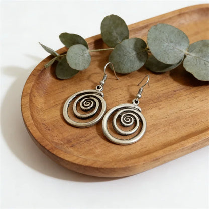 Ethnic Silver Round Spiral Dangle Earrings – Retro Geometric Metal Jewelry for Women Accessories