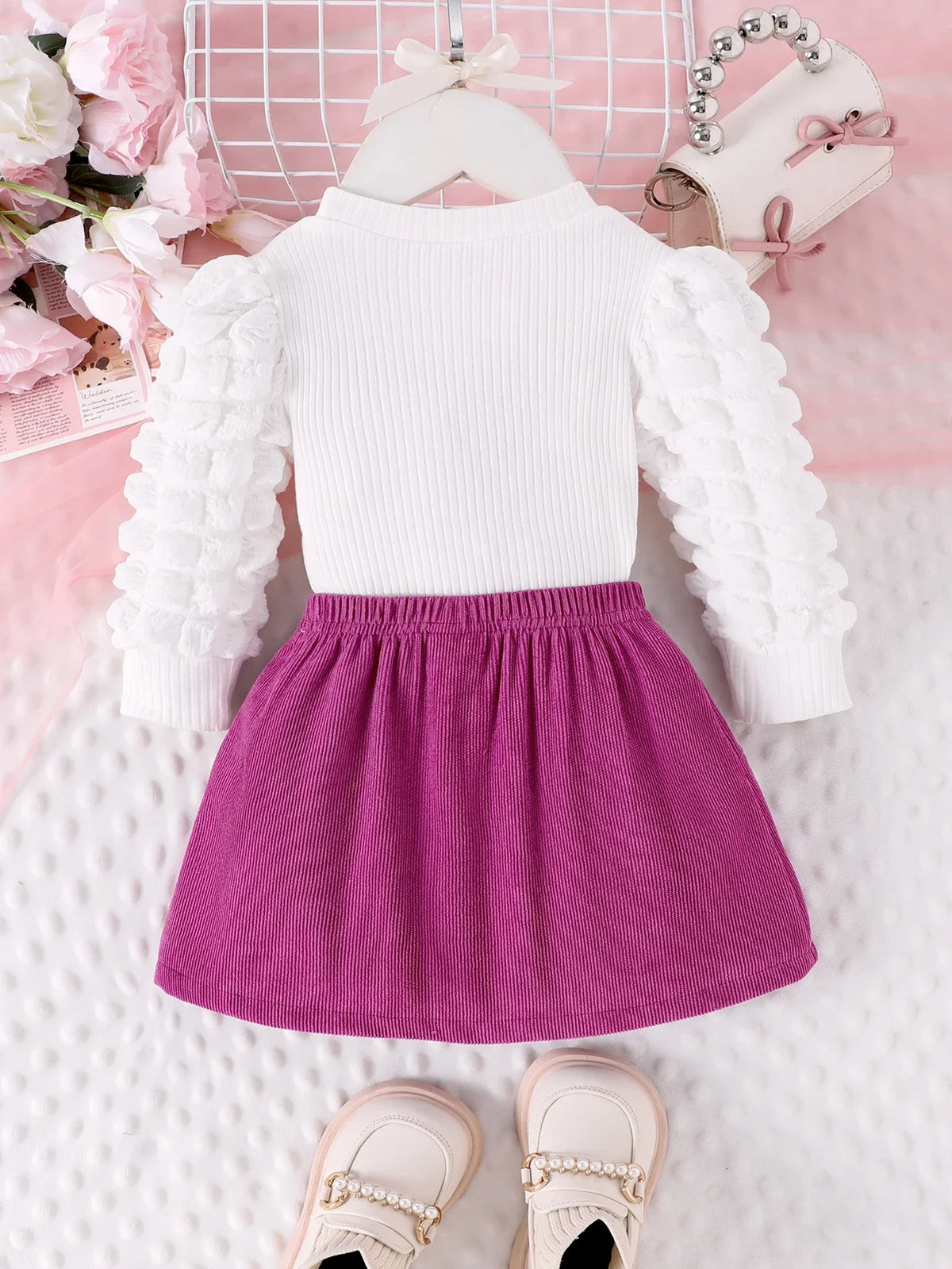 Girls' 2-Piece Love Badge Outfit Set - Bubble Sleeve Top & Short Skirt for Ages 1-3