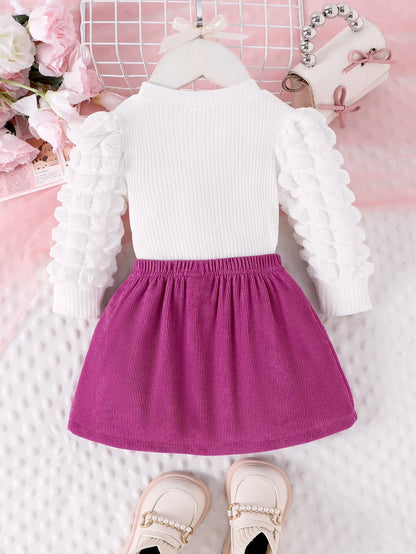 Girls' 2-Piece Love Badge Outfit Set - Bubble Sleeve Top & Short Skirt for Ages 1-3