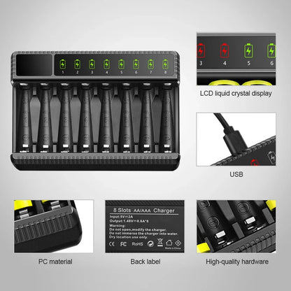 Intelligent LED Smart Battery Charger – 8-Slot NiMH Charger for 1.2V AA/AAA Rechargeable Batteries