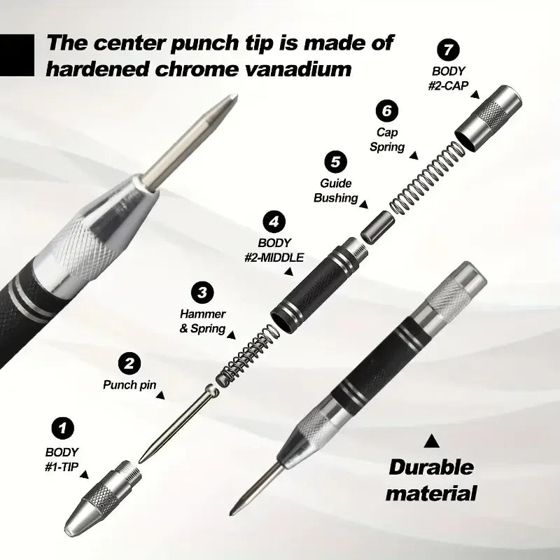 Heavy Duty Automatic Center Punch Tool – Spring Loaded Drill Hole Marker for Wood, Metal & Steel Carpentry