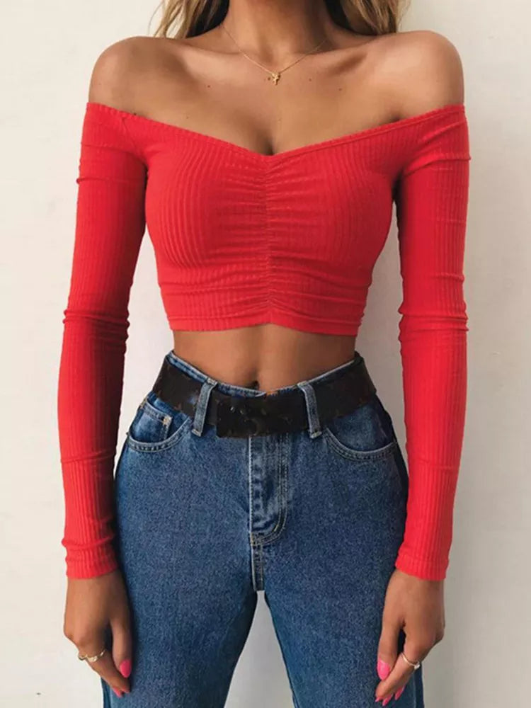 Sophisticated Style: Women's Sexy Club Fashion T-Shirt - Long Sleeve Off-Shoulder Solid Color Lady Tee for Autumn, Basic and Chic
