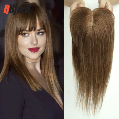 Brown Blonde Ombre Human Hair Toppers for Women – 10/12/14 Inches with Silk Base, Clips, and Bangs