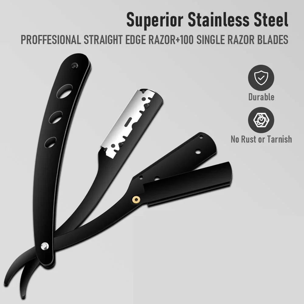 1 Holder + 10/20 Blades Straight Folding Shaver — Men's Manual Razor with Sharp Barber Blade