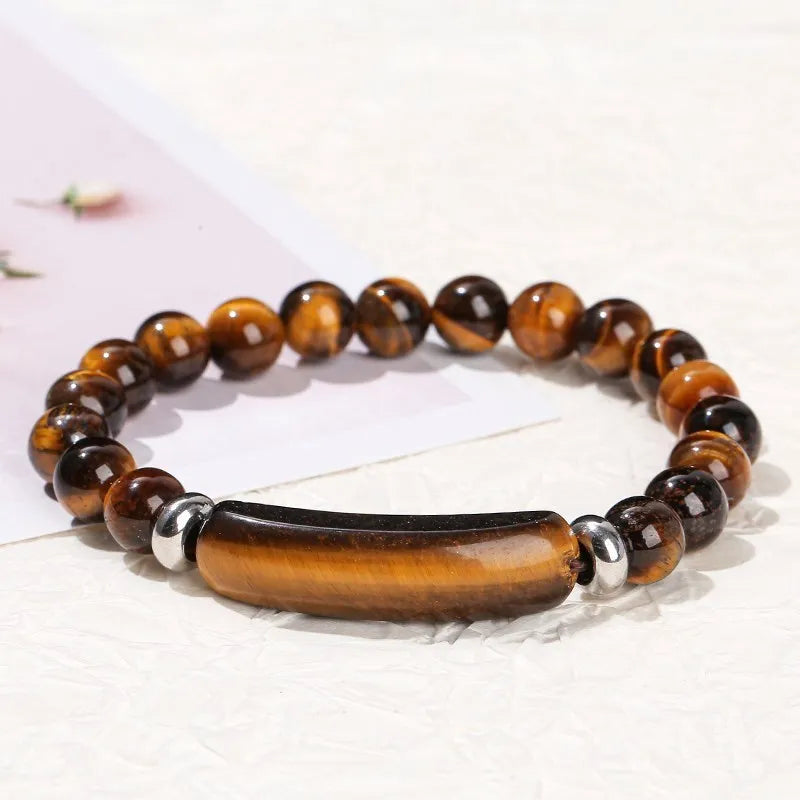 JD Natural Stone Tiger Eye & Amethyst Rectangle Bar Charm Bracelet – Healing Crystal Rough Chakra Jewelry for Men & Women Elastic Wrist Band