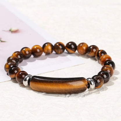JD Natural Stone Tiger Eye & Amethyst Rectangle Bar Charm Bracelet – Healing Crystal Rough Chakra Jewelry for Men & Women Elastic Wrist Band