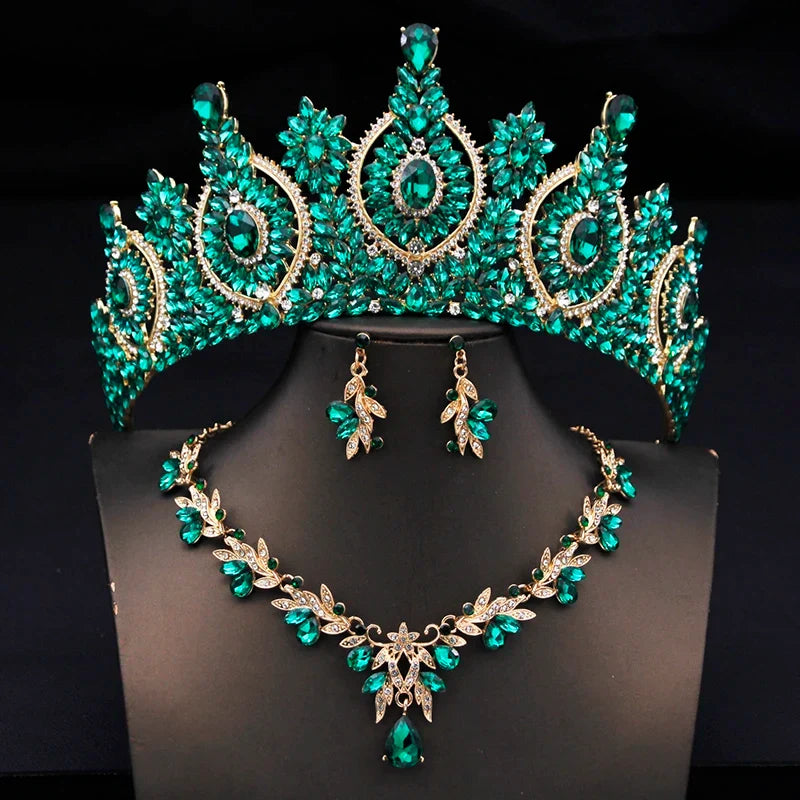 Rhinestone Bridal Tiara Jewelry Set - Wedding Crown with Necklace and Earrings for Women