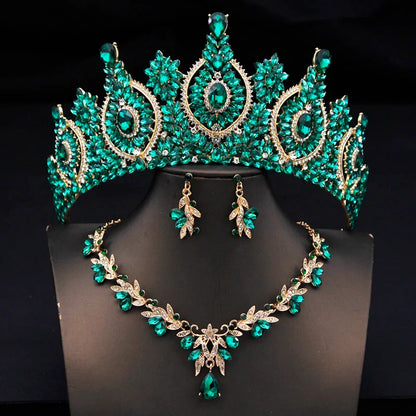 Rhinestone Bridal Tiara Jewelry Set - Wedding Crown with Necklace and Earrings for Women