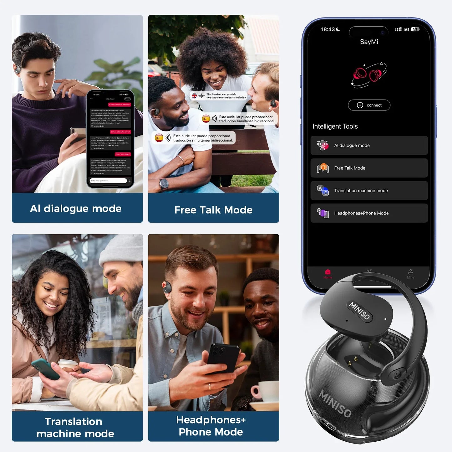 MINISO X15Pro AI Translator Earbuds — Bluetooth Wireless Sports Headphones, Waterproof HD Call Earphones with Mic