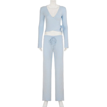 Apprabant Women’s Casual Fashion Set – Drawstring High-Waist Trousers with Plush Loose Pants and Lace-Up Flared Sleeve V-Neck Top