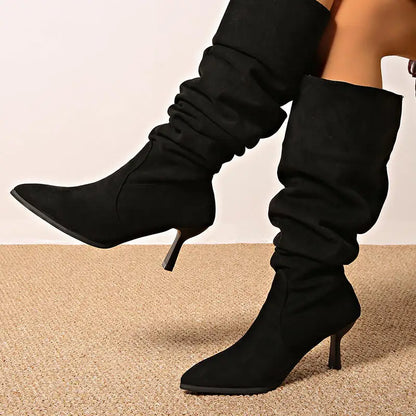 2025 Women’s Retro Black Suede Knee-High Boots – Pointed Toe, High Heel, Plus Size