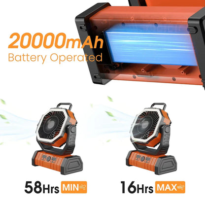 20000mAh / 10000mAh USB Rechargeable Camping Fan — Portable Wireless Air Circulator with 270° Rotating Head & Hook