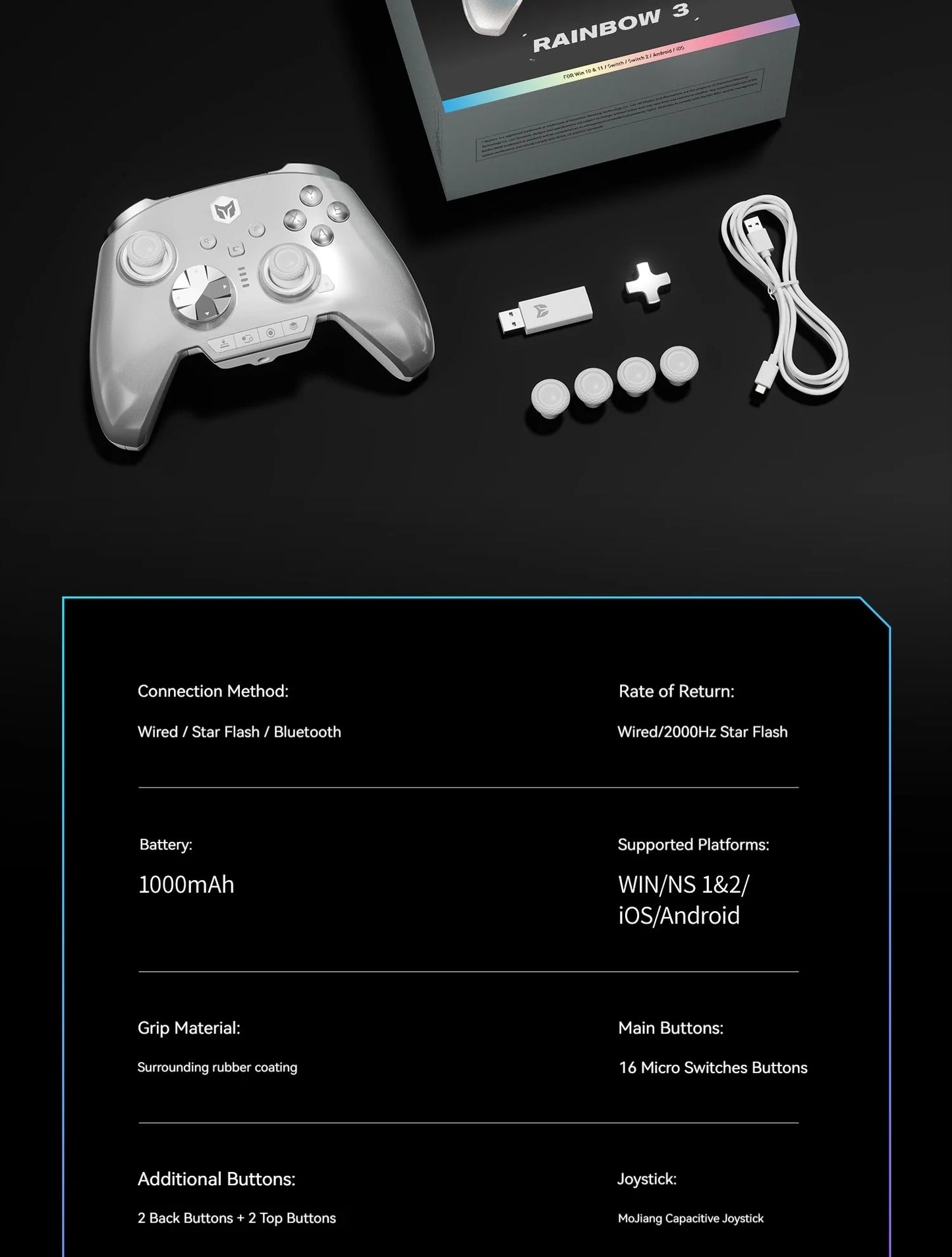 Bigbigwon Rainbow3 Wireless Game Controller Charging Base – RGB Magnetic Dock for PC Gaming