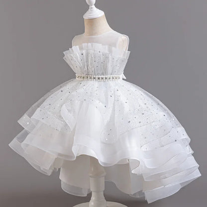 Lace Mesh Girls’ Party Dress - Sleeveless Solid Color Summer Evening Dress for Ages 3–12