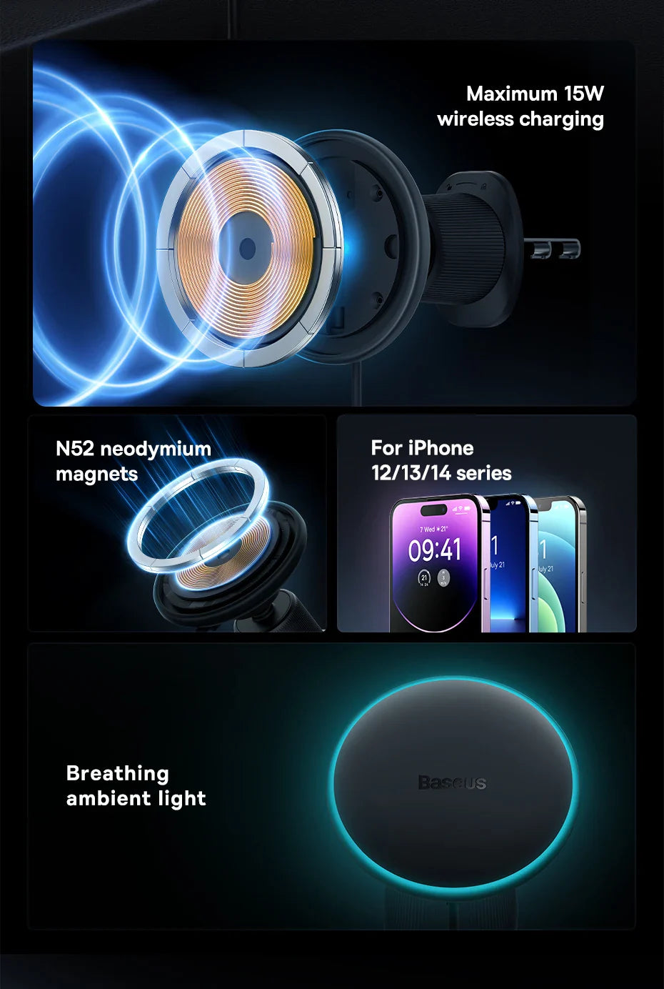Baseus 15W Magnetic Wireless Car Charger – Fast Charging Phone Holder with Light Effect for iPhone 15/14/13 Pro Max