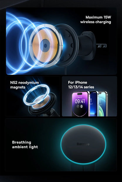 Baseus 15W Magnetic Wireless Car Charger – Fast Charging Phone Holder with Light Effect for iPhone 15/14/13 Pro Max
