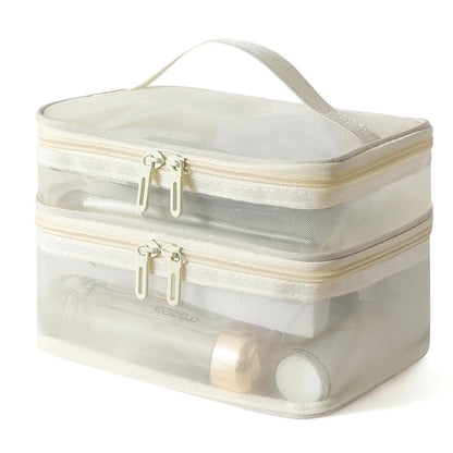 Travel 2-Layer Cosmetic Organizer Bag – Transparent Folding Mesh Zipper Pouch, Large Capacity Makeup & Wash Kit Bag 2024