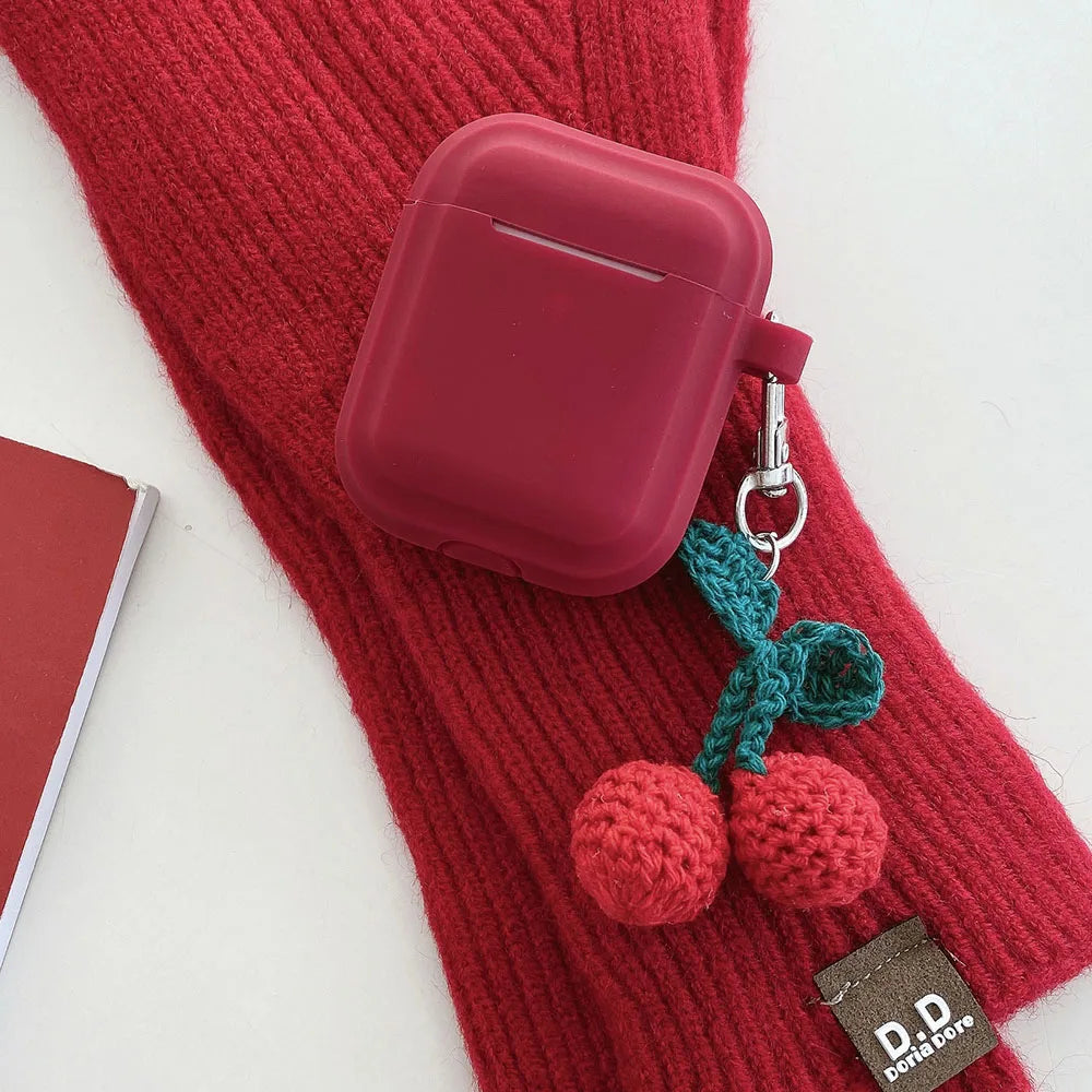 Knitted Red Cherry Pendant Soft Silicone Earphone Case for AirPods Pro 2 & AirPods 1/2/3/4 — Protective Cover with Keychain