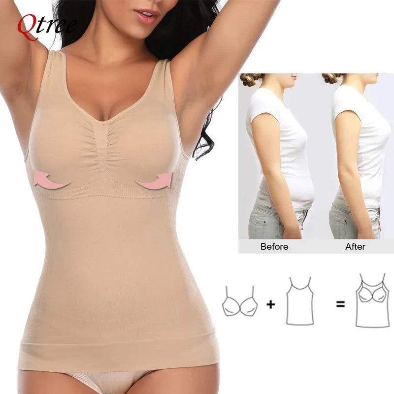 Qtree Women Tummy Control Shapewear – 2-in-1 High Elastic Stretch Vest with Padded Bra, Body Shaper, Slimming Lift Corset