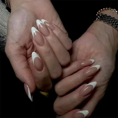 24Pcs French Press On Nails - Almond Fake Nail Tips with Glue, White Edge Design & Pink Stiletto Style Manicure Set