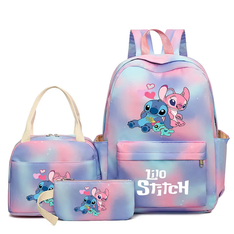 3Pcs Lilo & Stitch School Backpack Set – Colorful Cartoon Bookbag with Lunch Bag for Kids & Teens